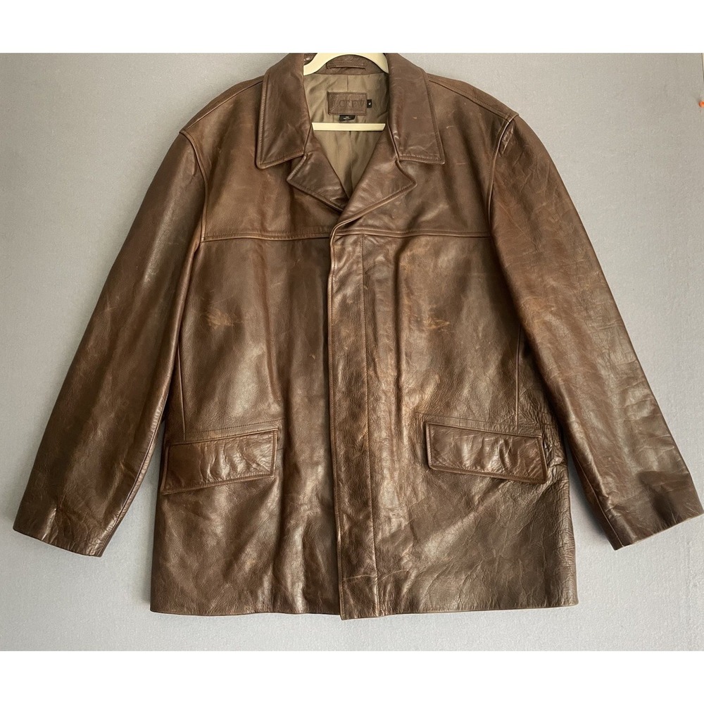 J.Crew Men XL Brown Leather‎ Car Coat Jacket Patina Pebble Heavy Barn Chore Y2K